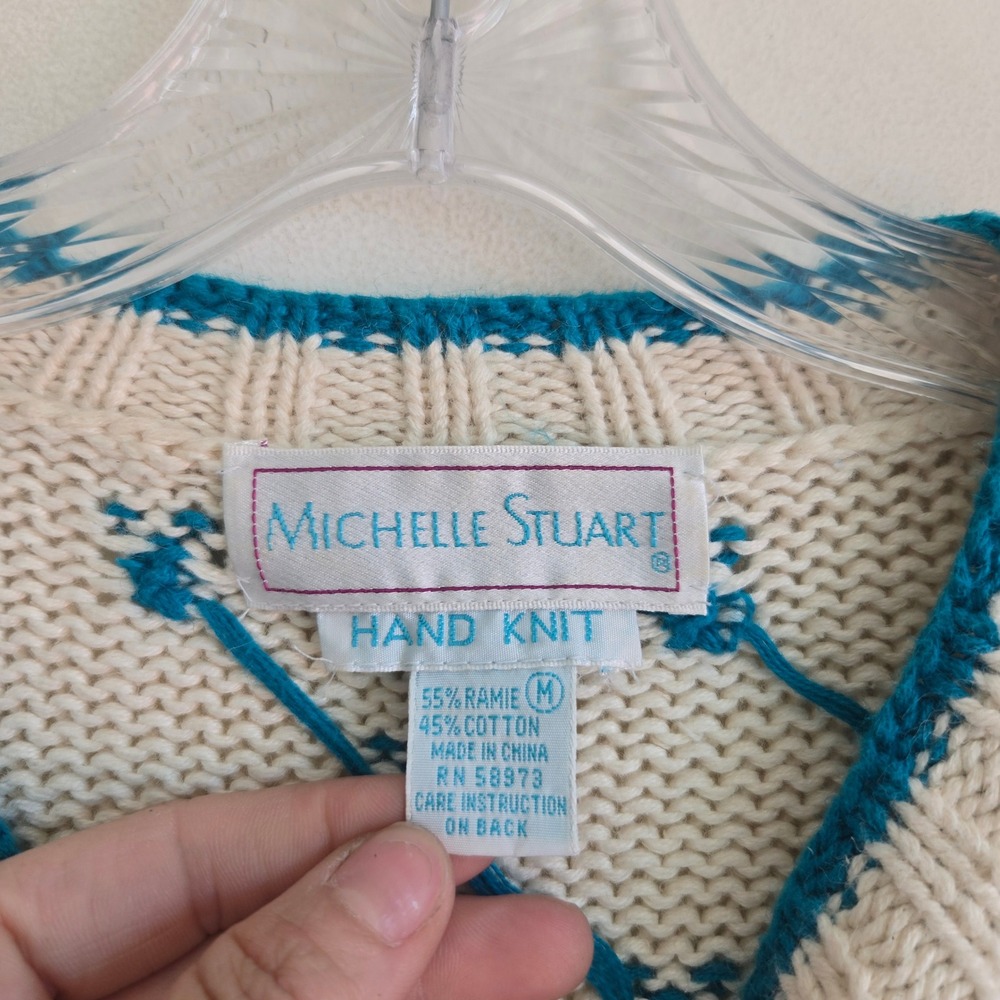 Michelle Stuart Medium Cardigan Womens White Argyle Excellent Hand Knit‎ Ramie - Picture 4 of 7